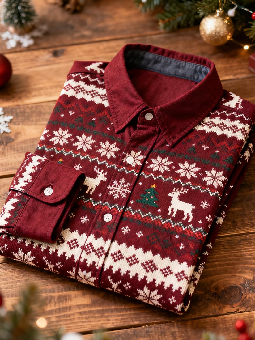 Camisa Christmas de manga larga con botones para hombre