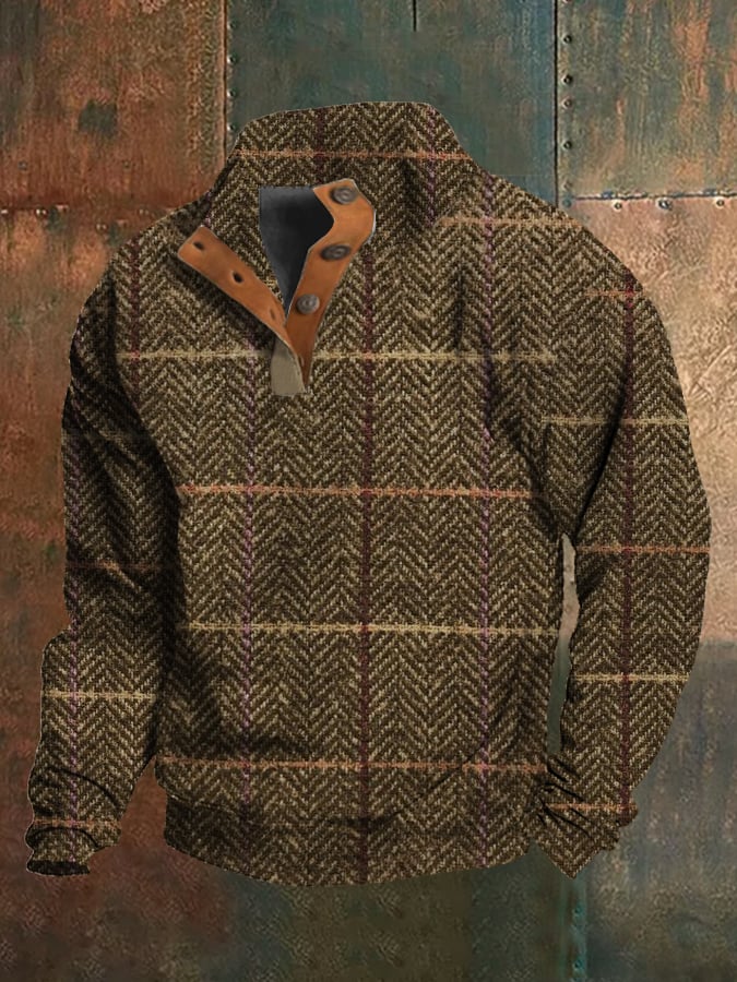 Sudadera Western vintage a cuadros estampado Stand cuello con botones para hombre