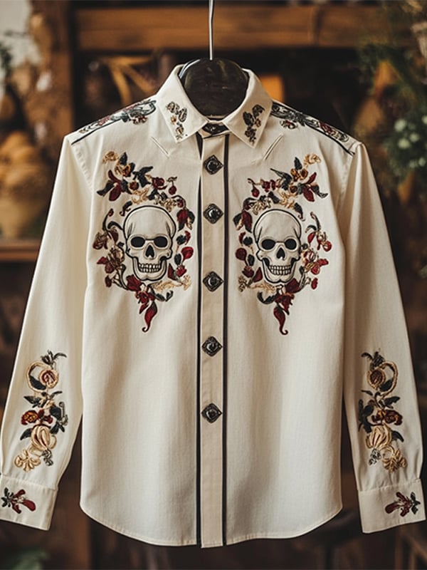 Camisa para exterior vintage Skull and floral estampado de manga larga para hombre