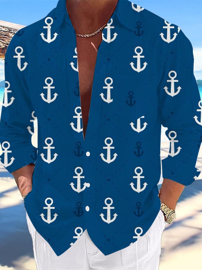 Camisa Nautical Design estampado Lapel Pocket casual para hombre