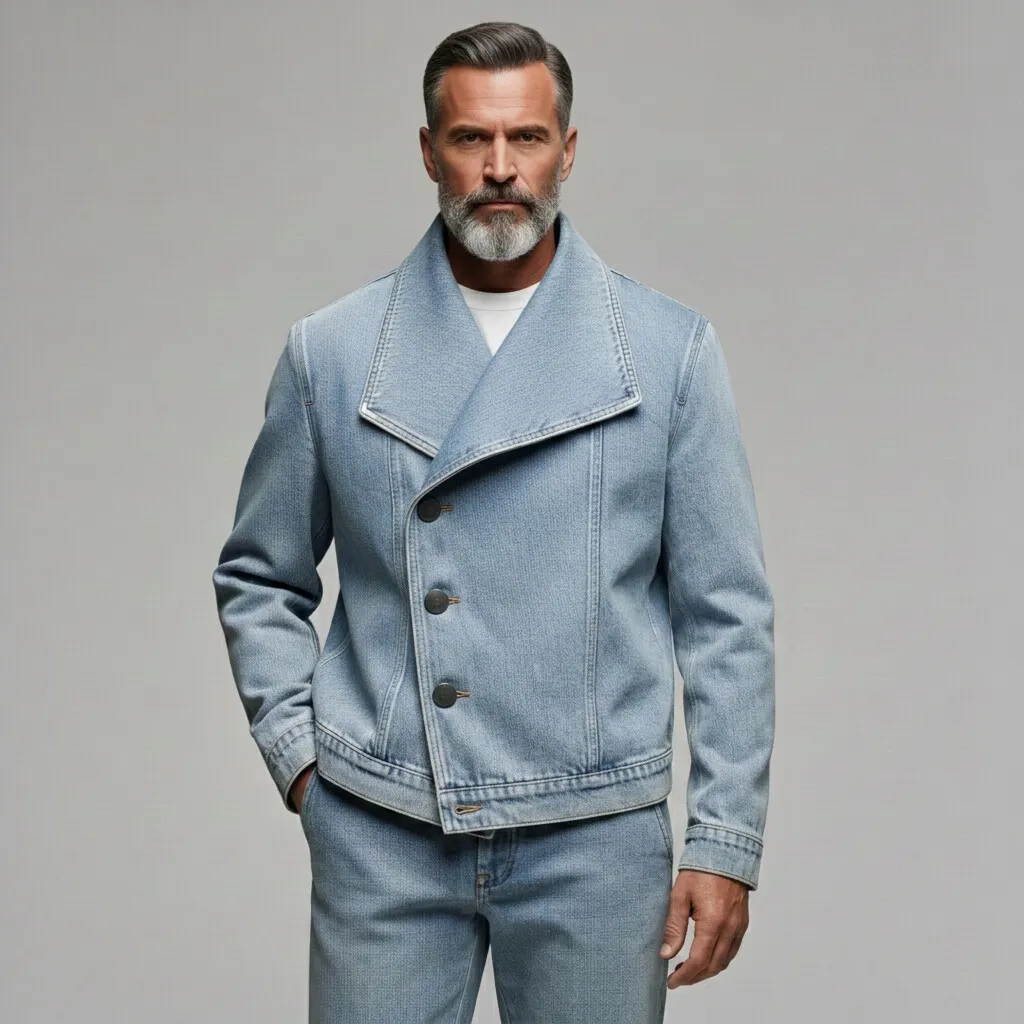 Chaqueta casual Light Blue Asymmetric Single Breasted Lapel Collar Denim para hombre