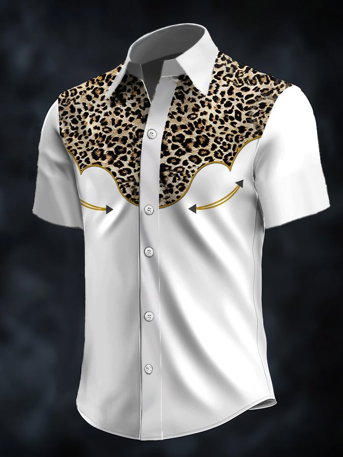 Camisa retro Western Contrast estampado de manga corta casual para hombre
