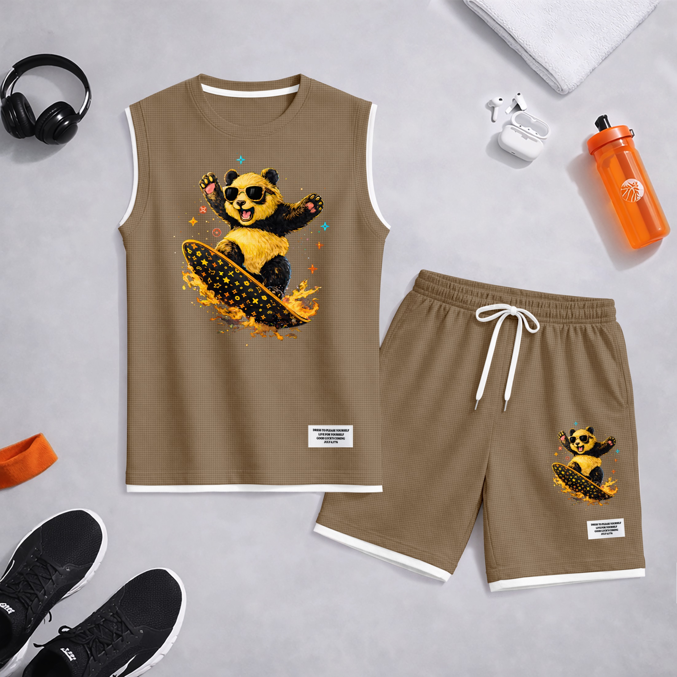 Shorts Cartoon Panda Graphic estampado Summer Set Sleeveless Tank Top & Matching Outfit, Skateboard Style Animal estampado Lightweight casual Streetwear Athletic Set for Everyday & Holiday para hombre