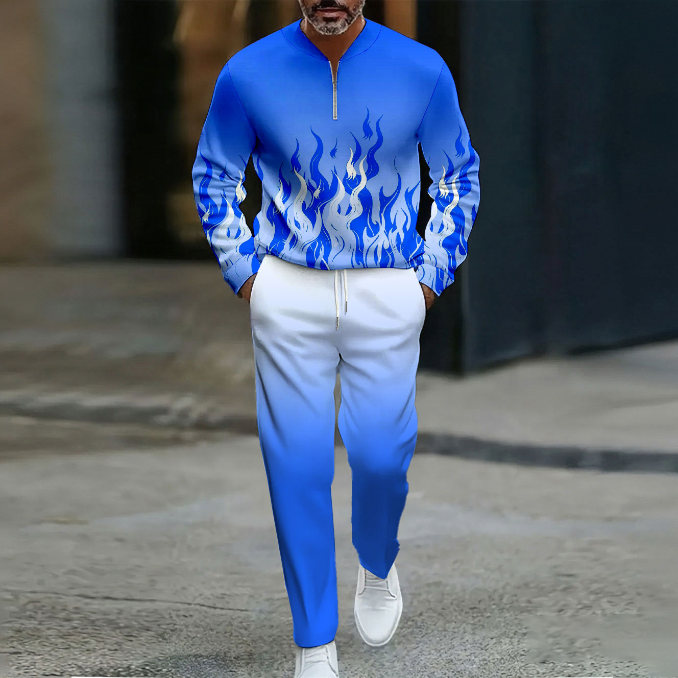 Conjunto de dos piezas casual Color Matching Blue Flame estampado Round-Neck cierre de manga larga Trousers para hombre