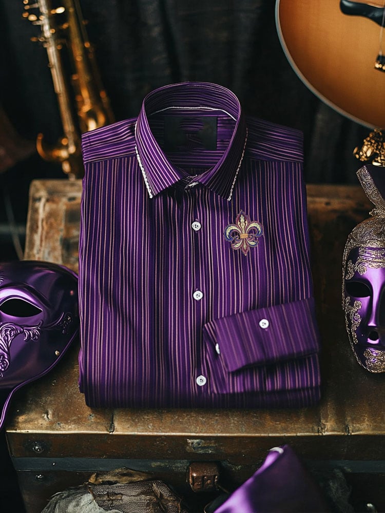 Camisa Purple Mardi Gras Theme de lujo de manga larga para hombre