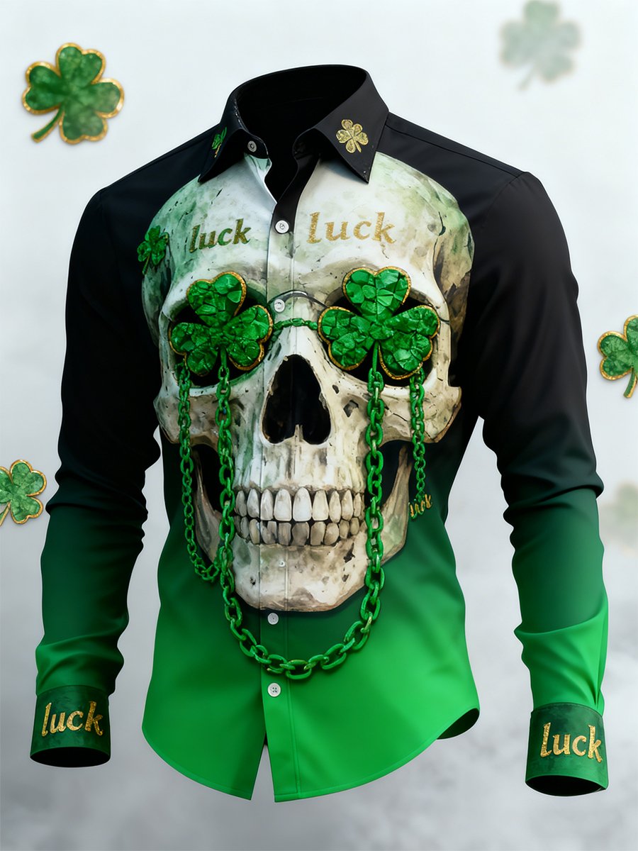 Camisa retro St. Patrick's Day Skull de manga larga para hombre