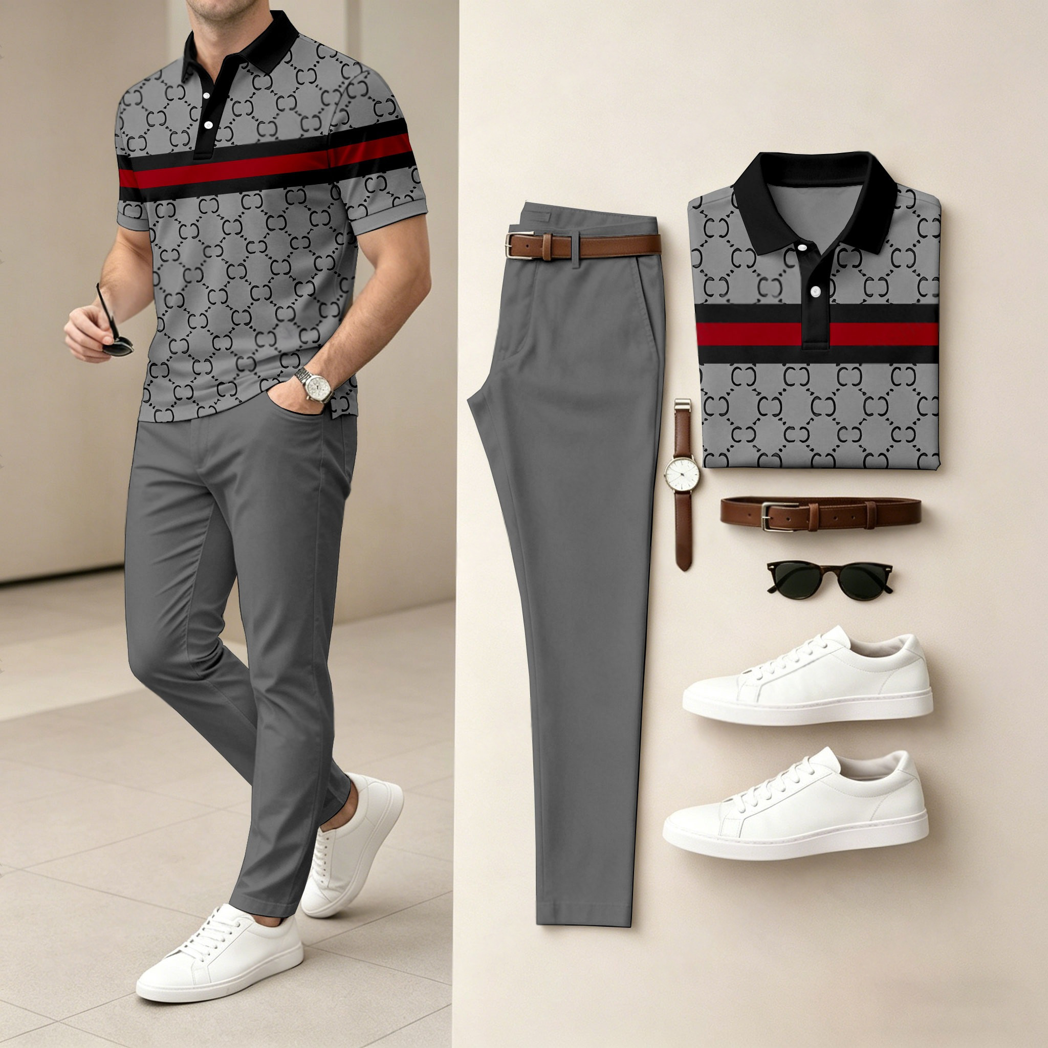Conjunto de dos piezas casual Grey a cuadros estampado camisa polo And pantalón para hombre