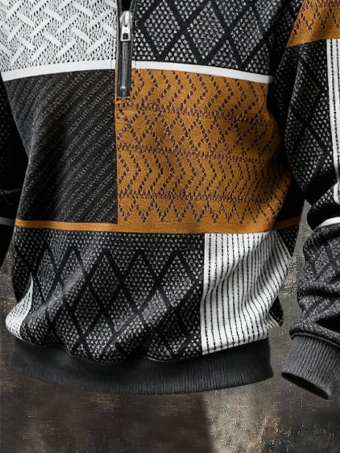 Sudadera casual retro Contrast Color Half Zip Stand cuello de manga larga para hombre