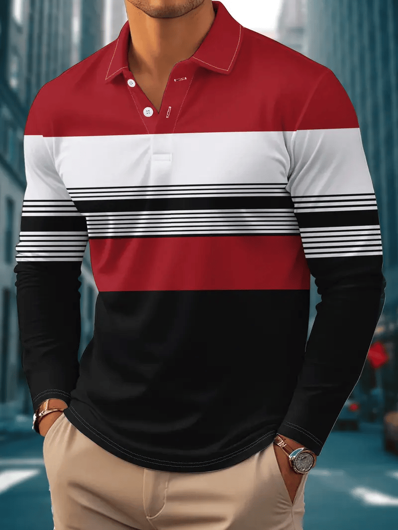 Camisa polo retro ejecutivo rayas estampado de manga larga para hombre