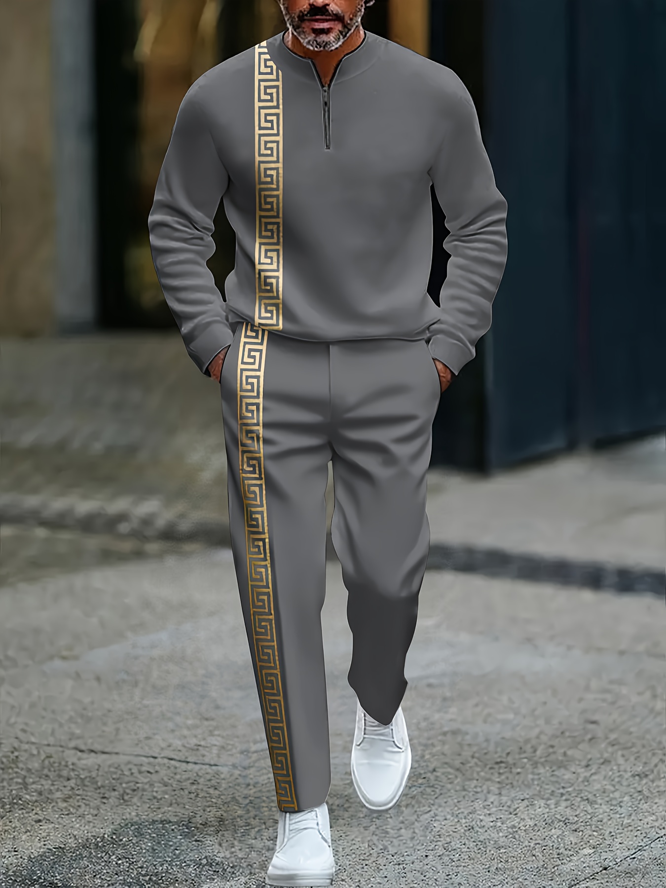 Conjunto de dos piezas casual Gray & Gold Color Matching Baroque Style estampado Round-Neck Zipper de manga larga sudadera & Trousers para hombre