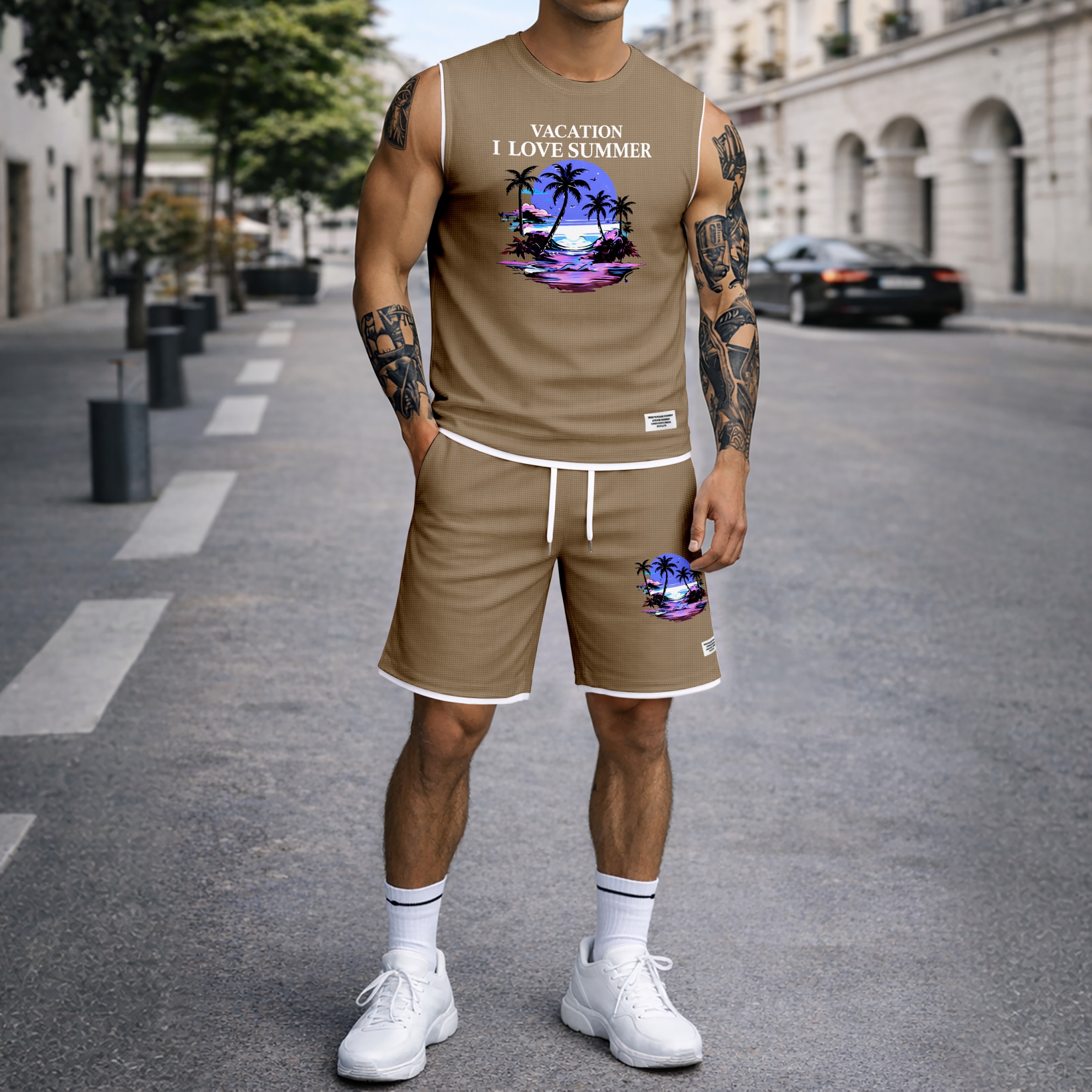 Shorts Tropical Beach Graphic estampado Summer Set Sleeveless Tank Top & Matching Outfit, Vacation Island estampado Lightweight casual Streetwear Set for Everyday & Holiday para hombre