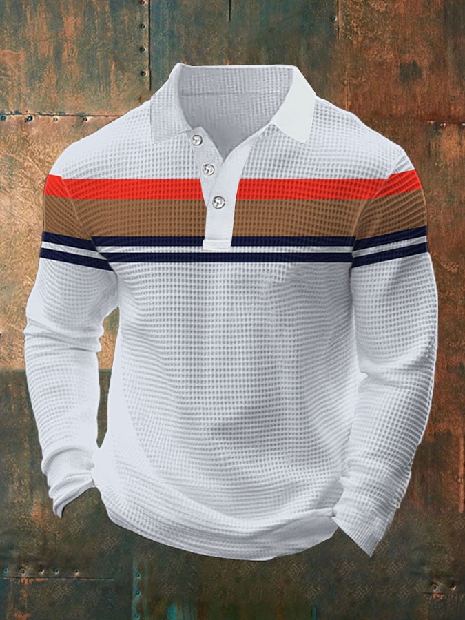 Camisa polo vintage casual Waffle de manga larga para hombre