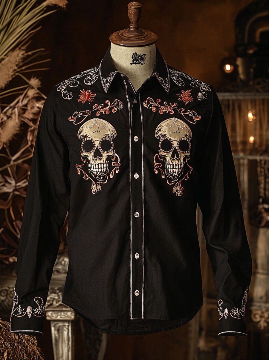 Camisa retro casual Skull estampado de manga larga para hombre