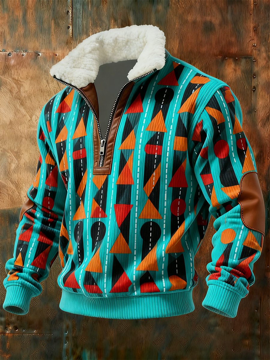 Sudadera retro geométrico Quarter Zip polar Neck para hombre