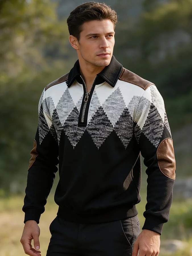 Sudadera retro en bloques de color estampado Color-Blocked con cierre para hombre
