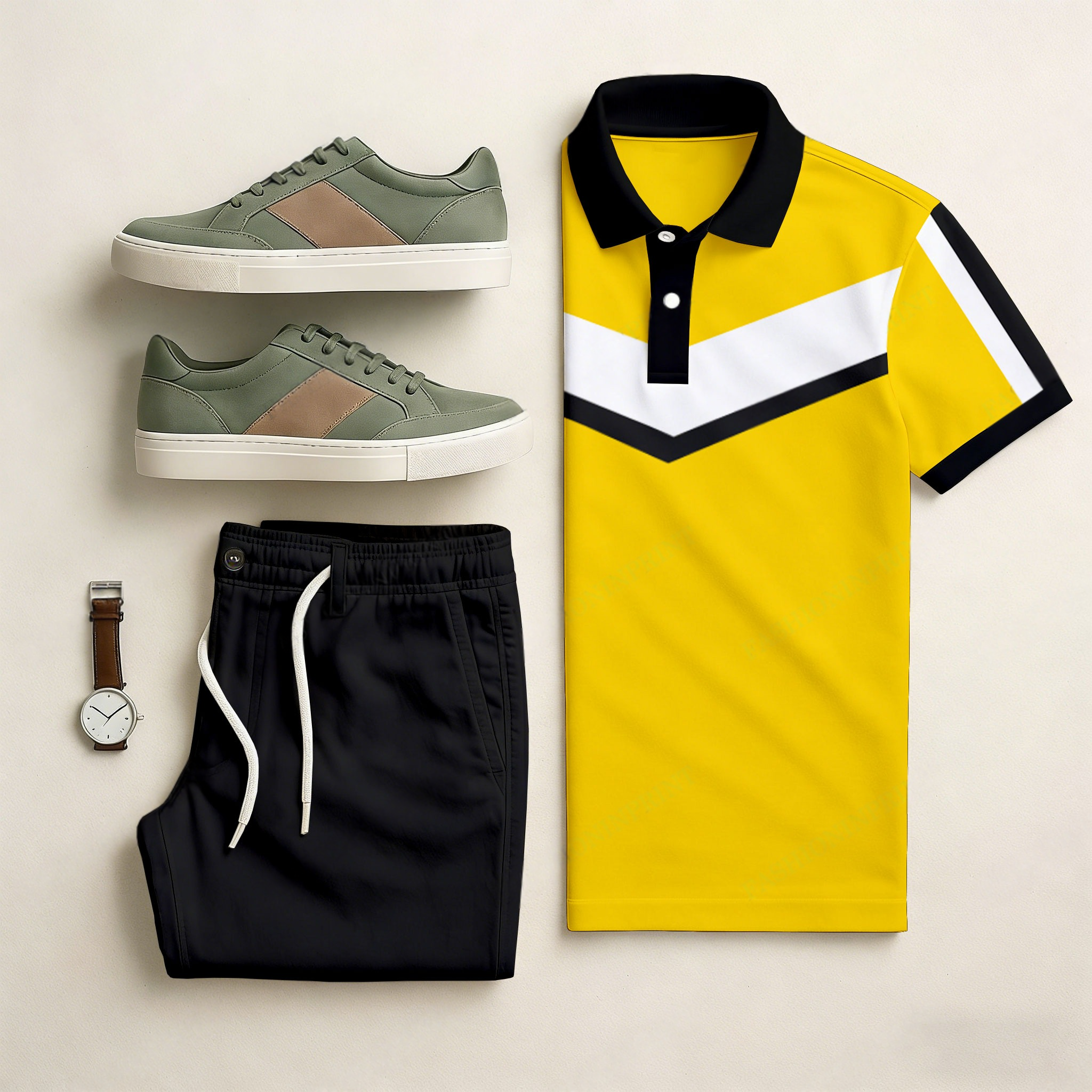 Conjunto de dos piezas casual Black & Yellow Color Matching Geometric estampado de manga corta camisa polo & Trousers para hombre