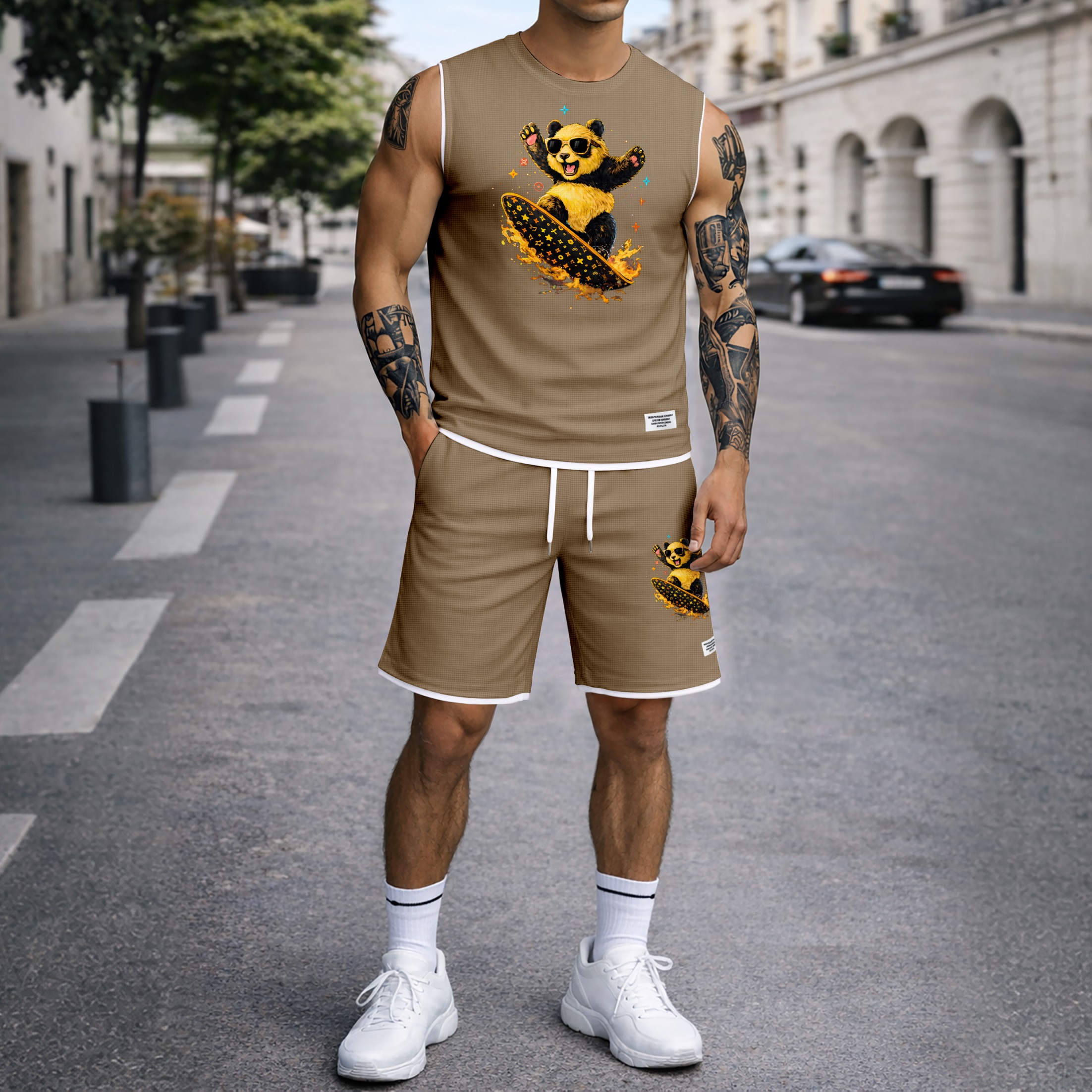 Shorts Cartoon Panda Graphic estampado Summer Set Sleeveless Tank Top & Matching Outfit, Skateboard Style Animal estampado Lightweight casual Streetwear Athletic Set for Everyday & Holiday para hombre