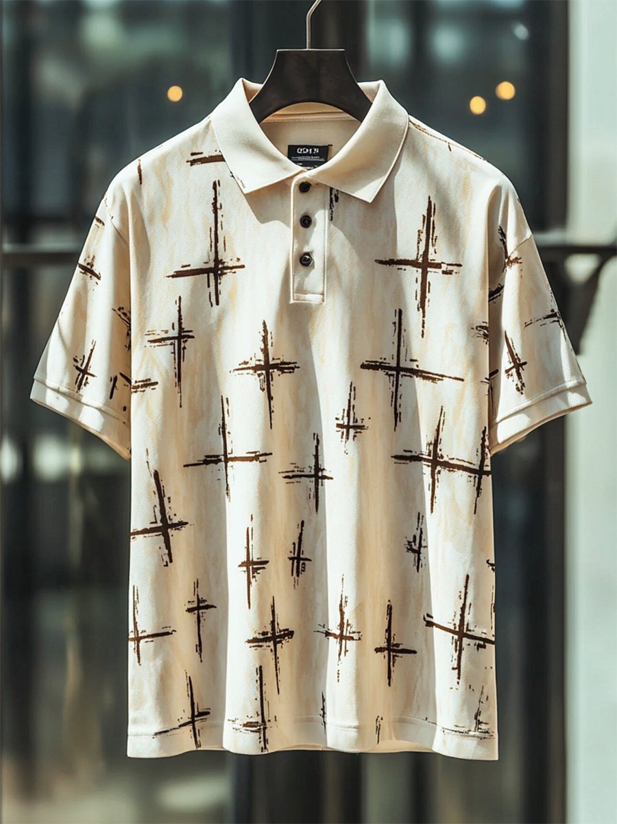 Camisa polo vintage casual Cross Art Button de manga corta para hombre