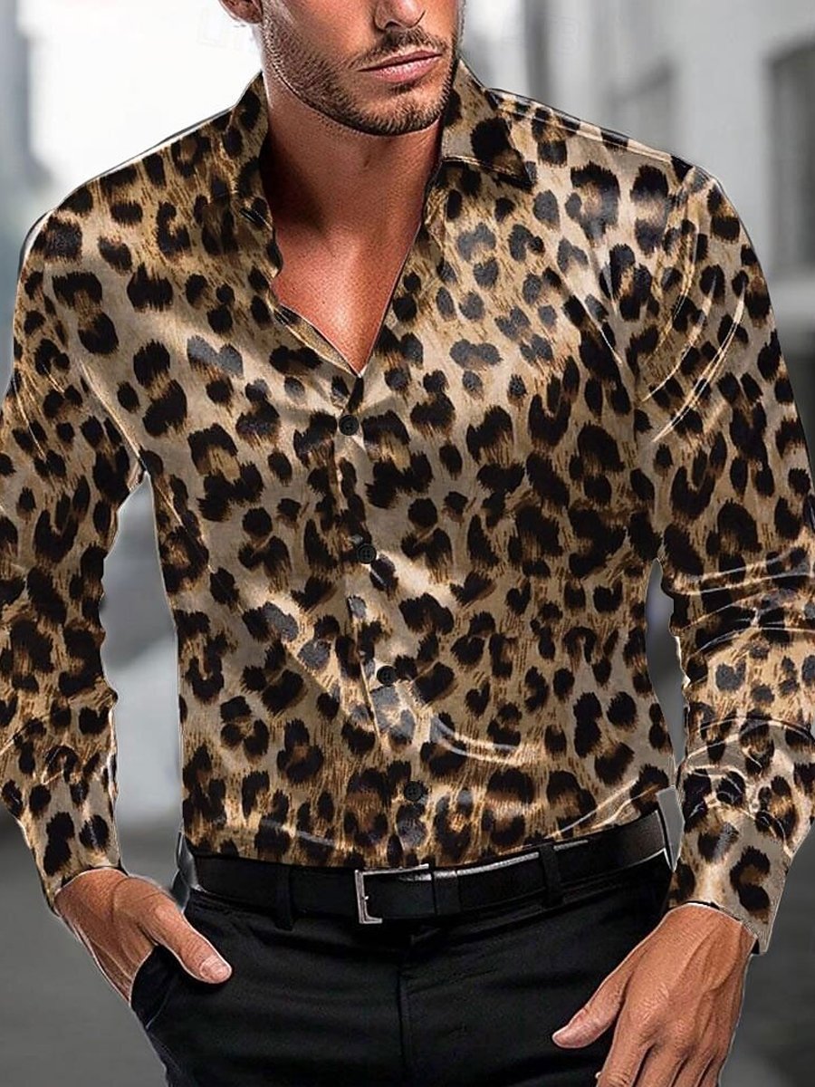 Camisa Leopard estampado casual de manga larga para hombre