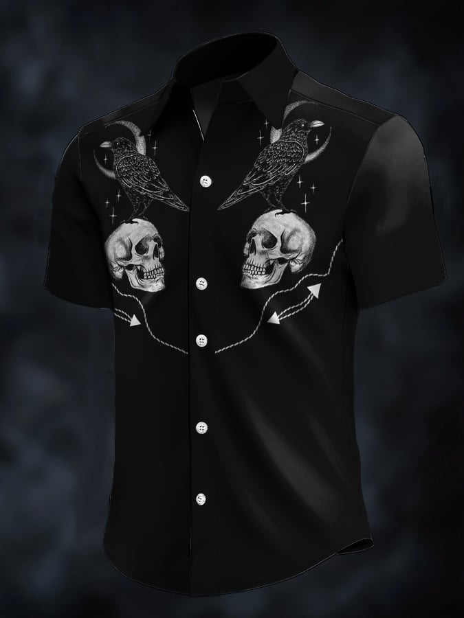 Camisa retro Western Contrast estampado de manga corta casual para hombre