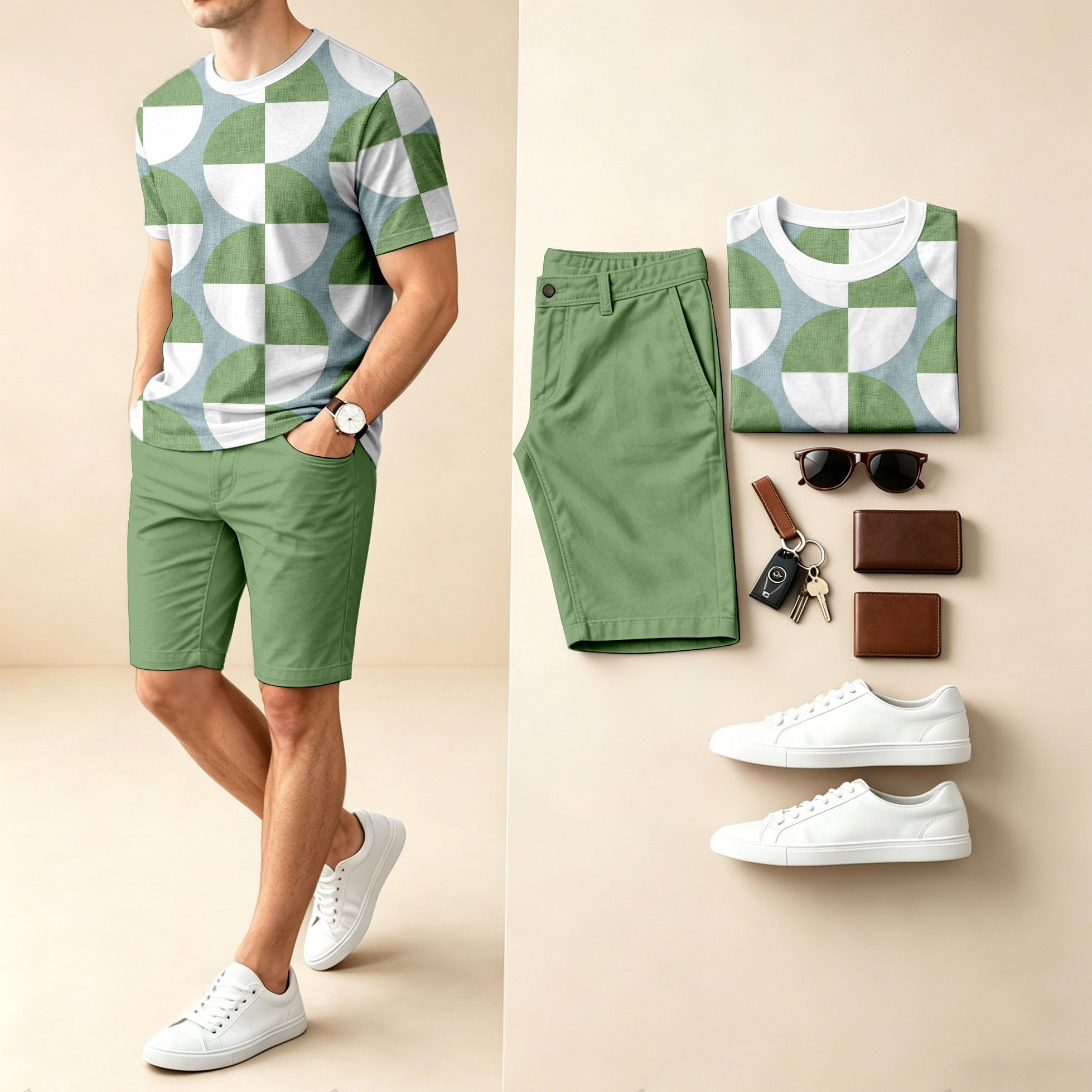 Conjunto de dos piezas casual Color-Blocked estampado Round-Neck de manga corta camiseta And shorts para hombre