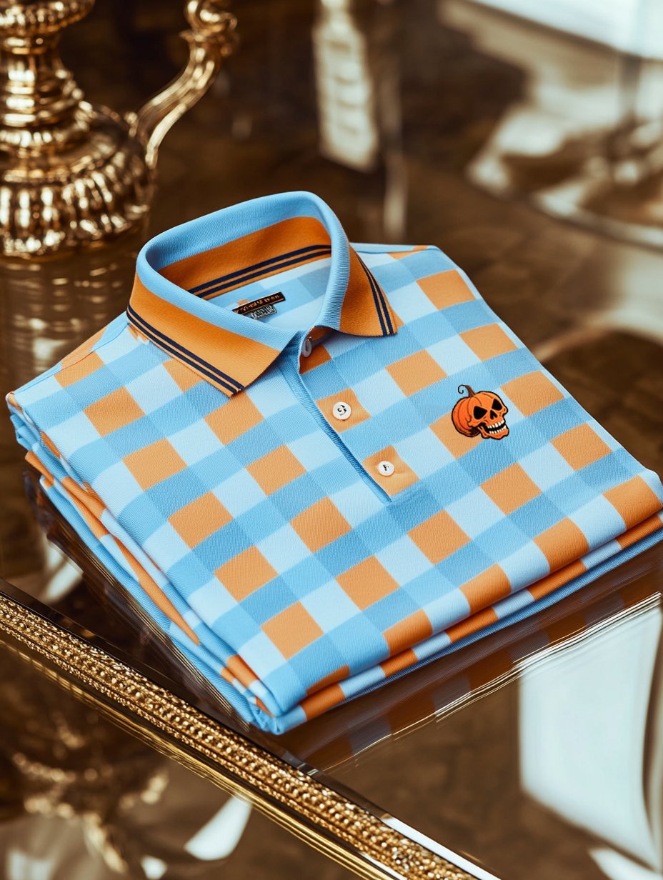 Camisa polo clásico ejecutivo Check Halloween Pumpkin Skull Logo Button de manga corta para hombre