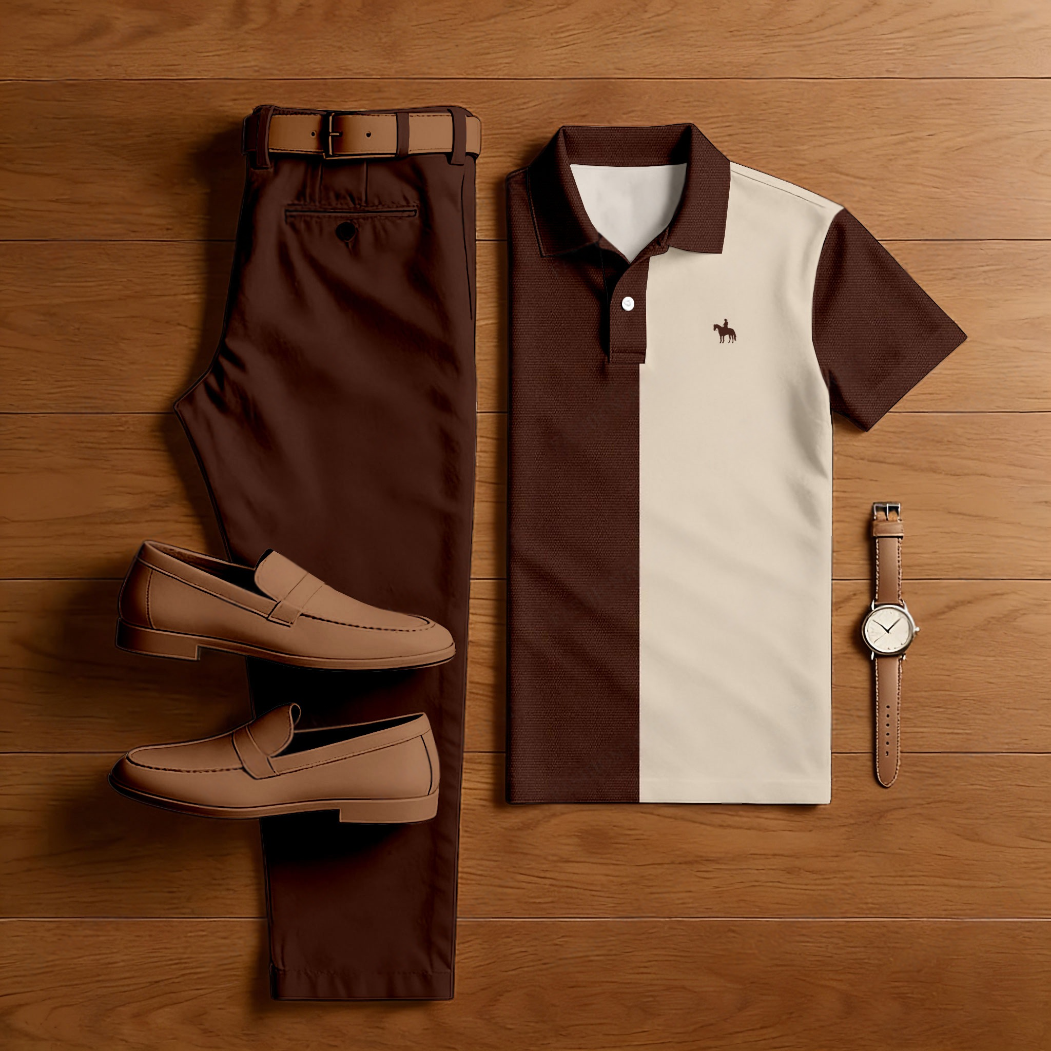 Conjunto de dos piezas casual Apricot & Coffee Color Matching estampado de manga corta camisa polo & Trousers para hombre