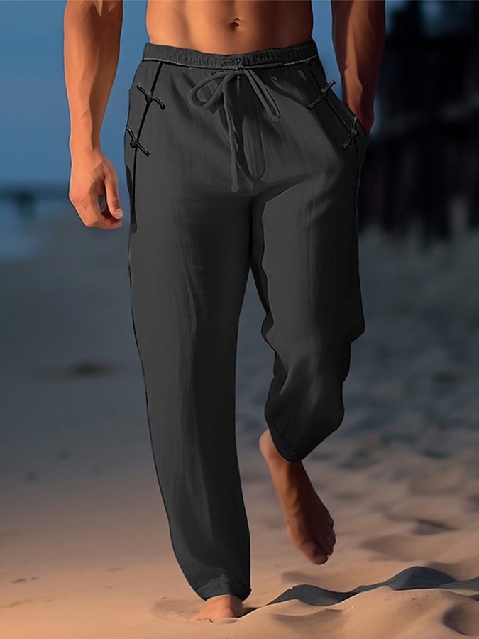 Pantalón retro de color sólido Design Elastic Waist Lace-Up casual para hombre
