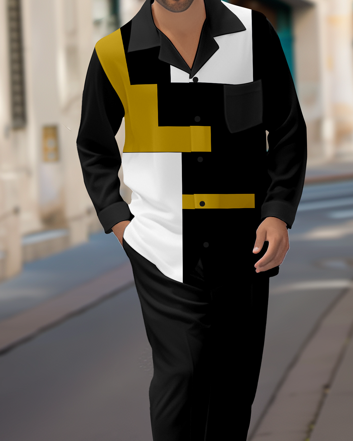 Camisa Colorblock estampado de manga larga casual Walking Suit 1469 para hombre