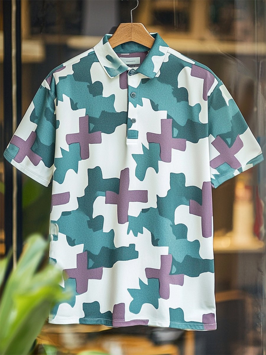 Camisa polo ejecutivo casual Cross estampado Button de manga corta para hombre