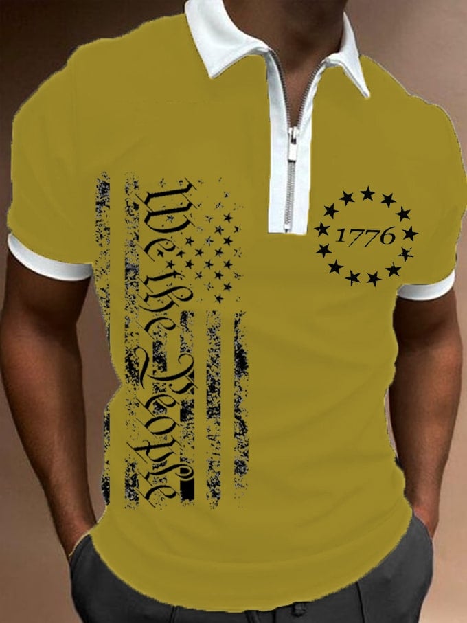 Camisa polo Independence Day 1776 Flag estampado Zip Collar para hombre