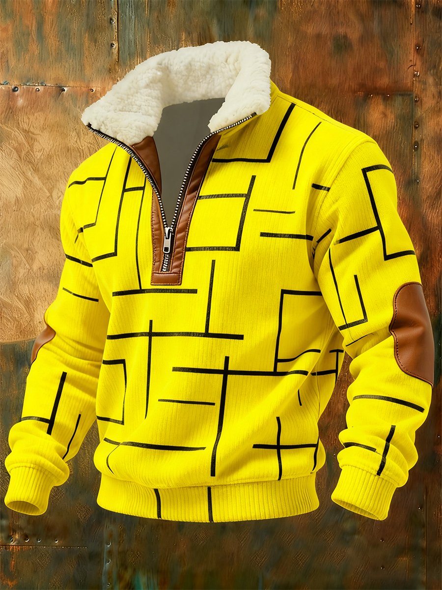Sudadera retro geométrico Quarter Zip polar Neck para hombre