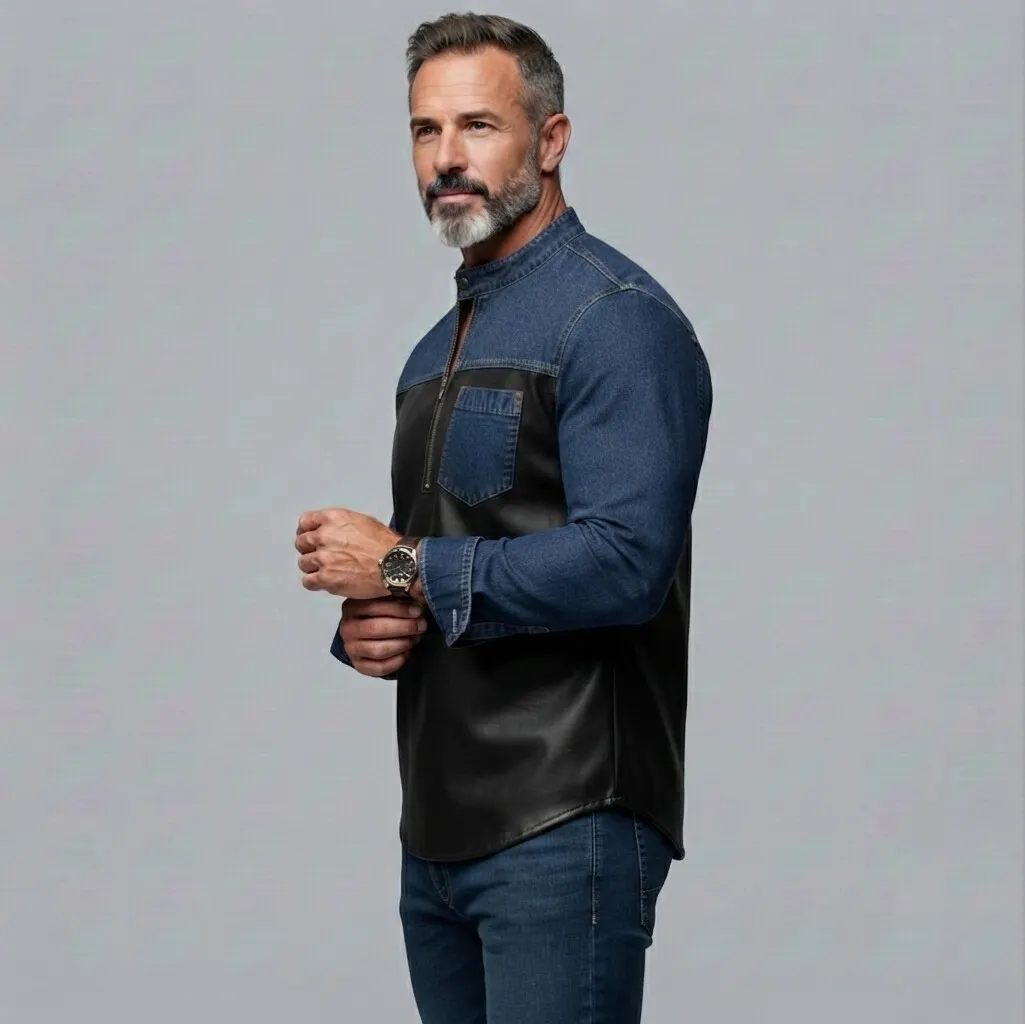 Denim PU Leather Patchpara trabajo Stand Collar Half Zip Chest Pocket Slim Ficamiseta para hombre