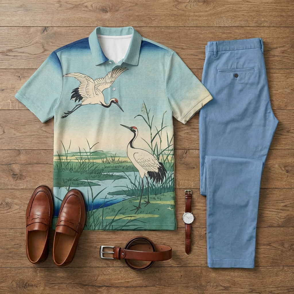 Conjunto de dos piezas casual Blue Crane estampado de manga corta camisa polo And Trousers para hombre