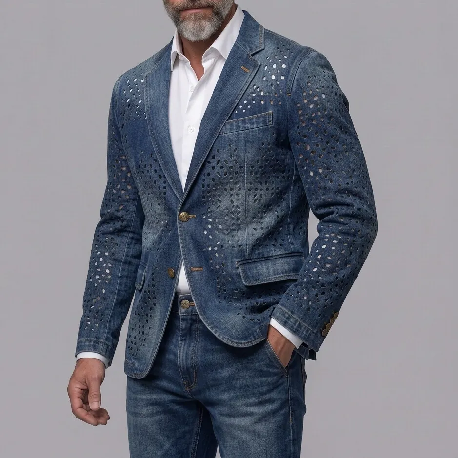 para hombre retro Distressed Denim Hollow Out Notch Lapel Single Breasted saco