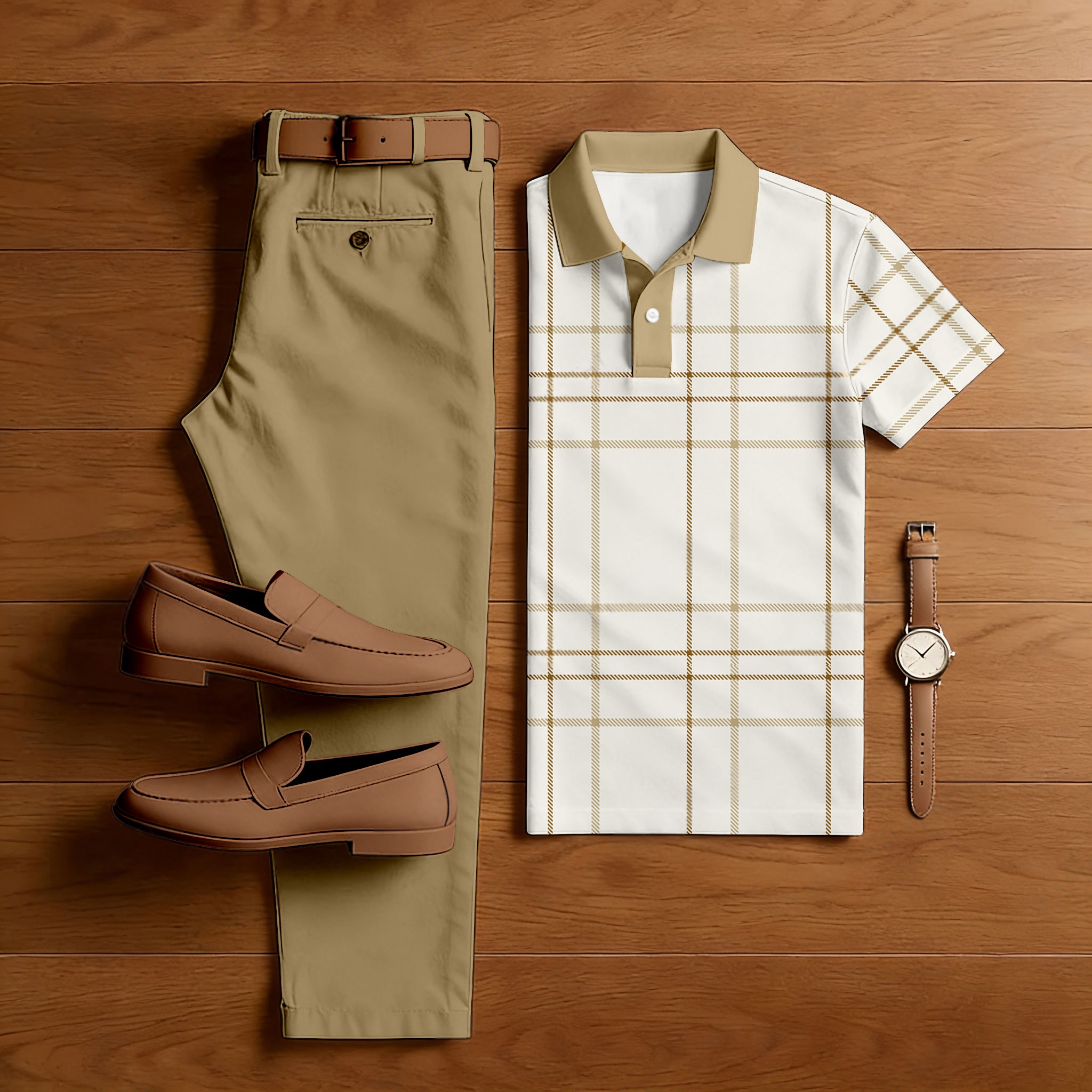 Conjunto de dos piezas casual Khaki & White Color Matching Chekered estampado de manga corta camisa polo & Trousers para hombre