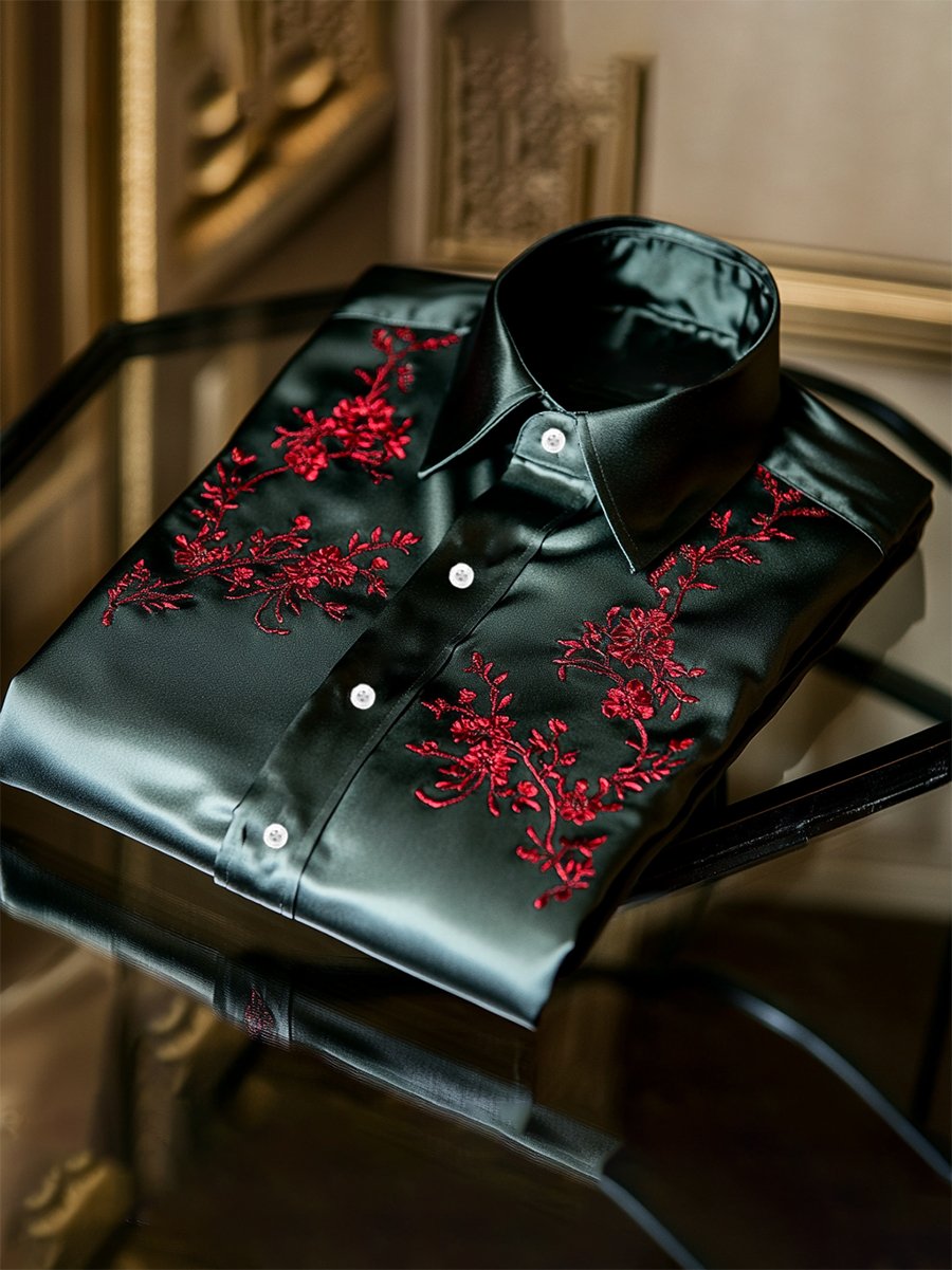 Camisa satén de lujo vintage ejecutivo de manga larga para hombre