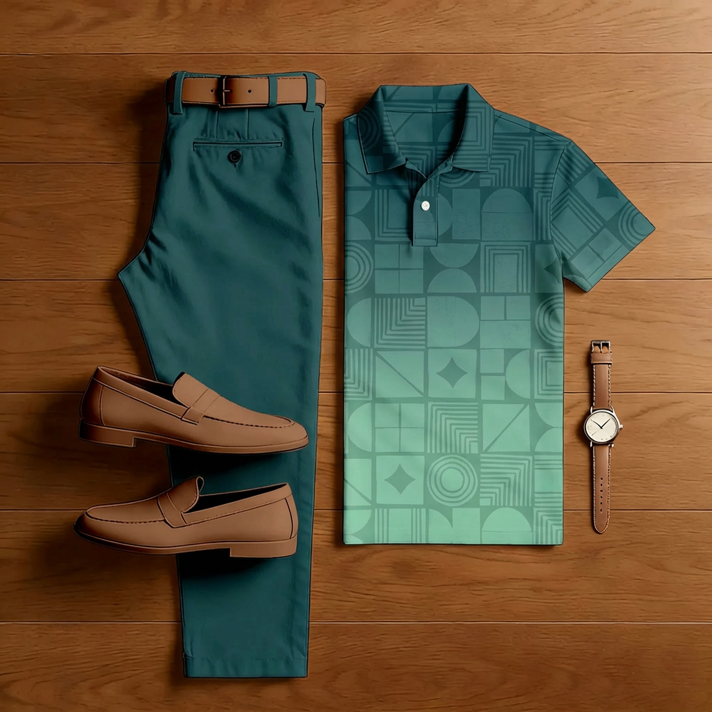 Conjunto de dos piezas casual Light Green Gradient estampado de manga corta camisa polo And Trousers para hombre