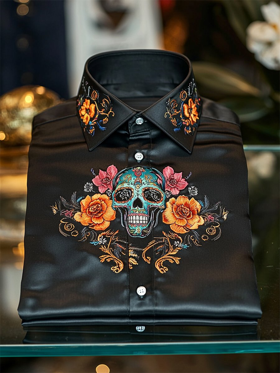 Camisa satén Luxe Skull de manga larga con botones para hombre
