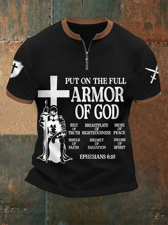 Put On The Full Armor Of God estampado casual Zip Tee para hombre