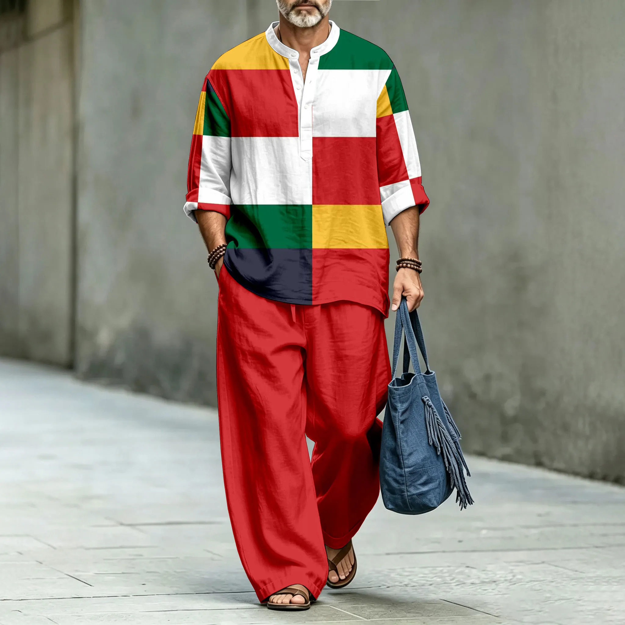 para hombre Stand-Collar camisa polo and Long pantalón Two-Piece Suit Set
