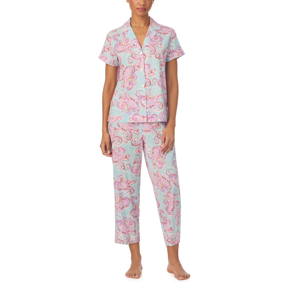 Women's Short Sleeve Notch Collar Cropped Pants Pajama Set - 1