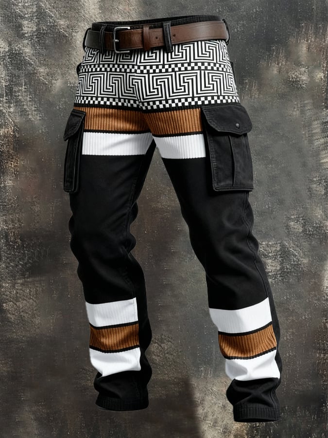 Pantalón retro en bloques de color desgastado bolsillo Cargo para hombre