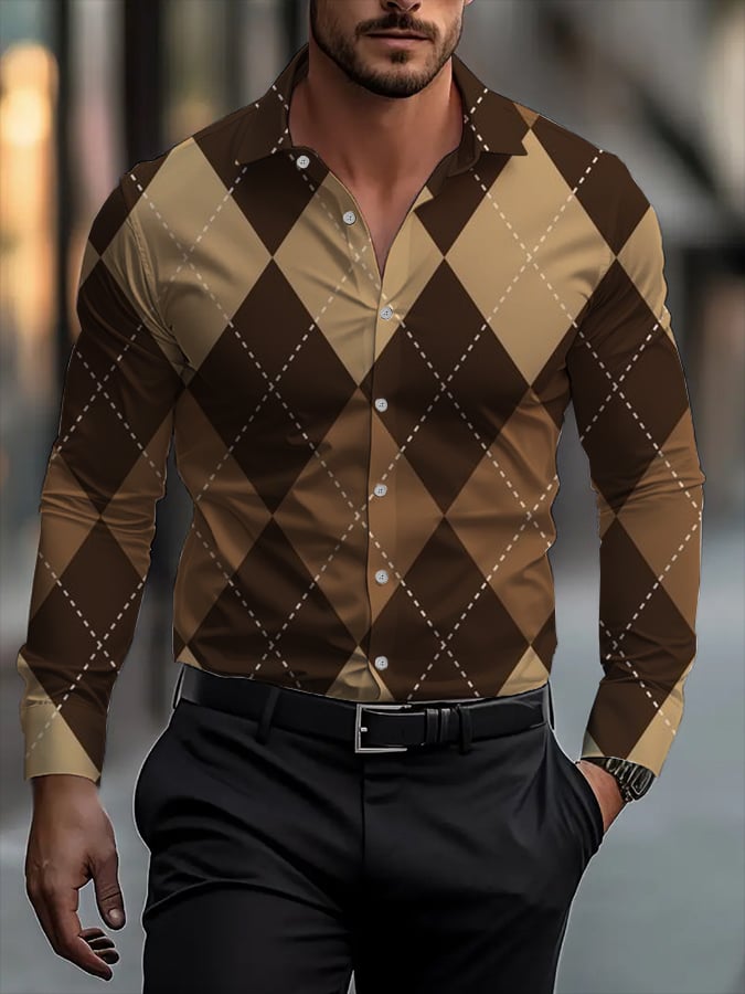 Camisa clásico ejecutivo a cuadros rayas estampado de manga larga para hombre