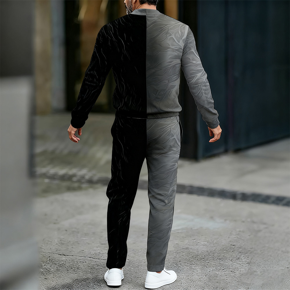 Conjunto de dos piezas casual Color Matching estampado Round-Neck Zipper de manga larga Trousers para hombre
