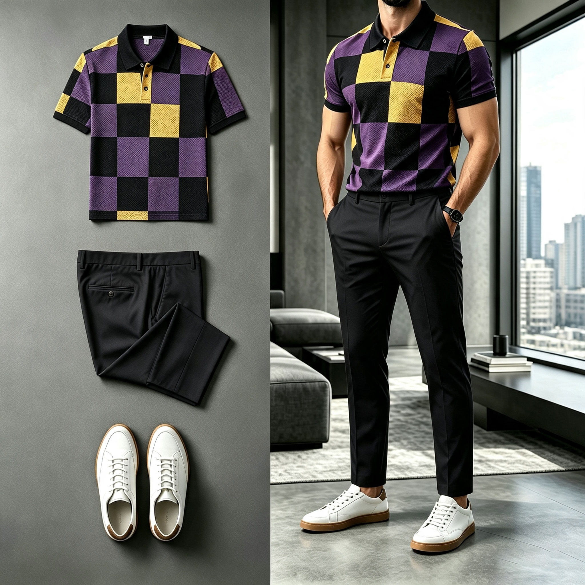para hombre Two-Tone Checkered de manga corta camisa polo and pantalón Set