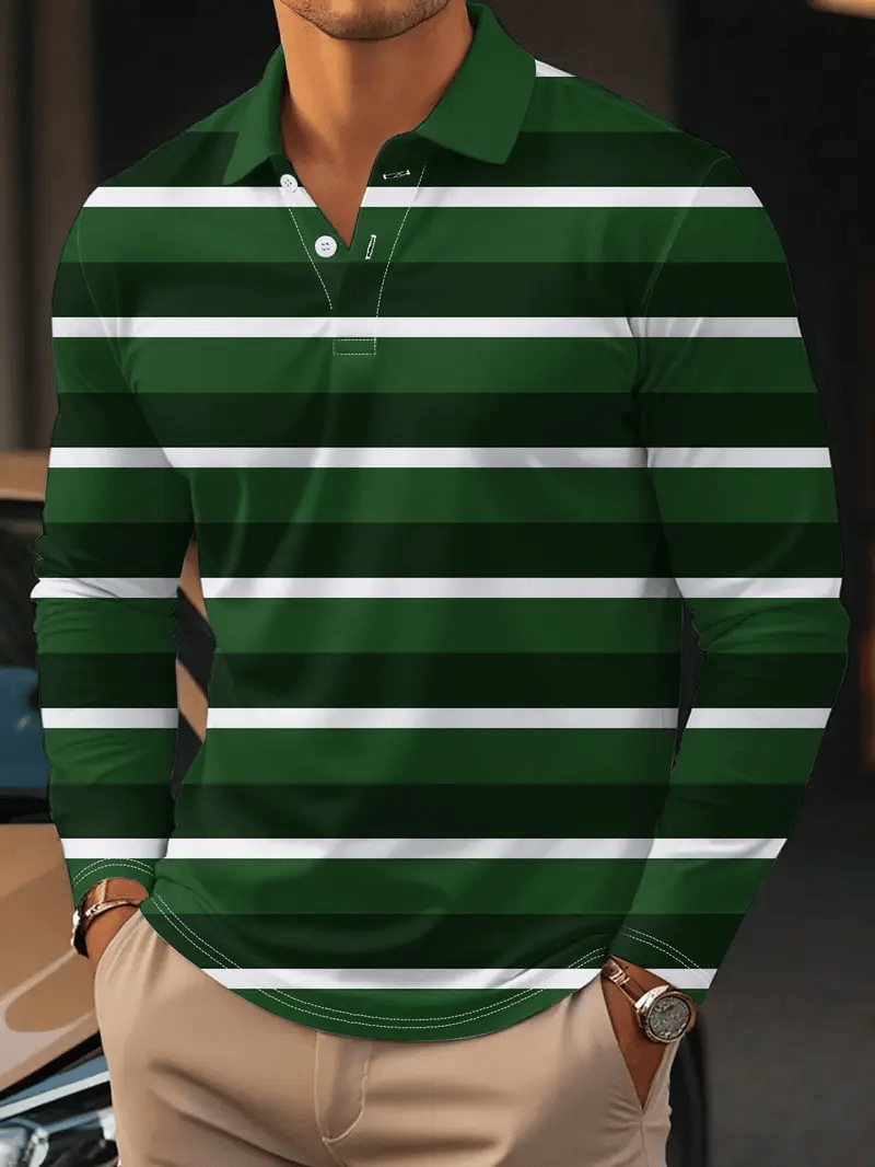 Camisa polo retro ejecutivo rayas estampado de manga larga para hombre