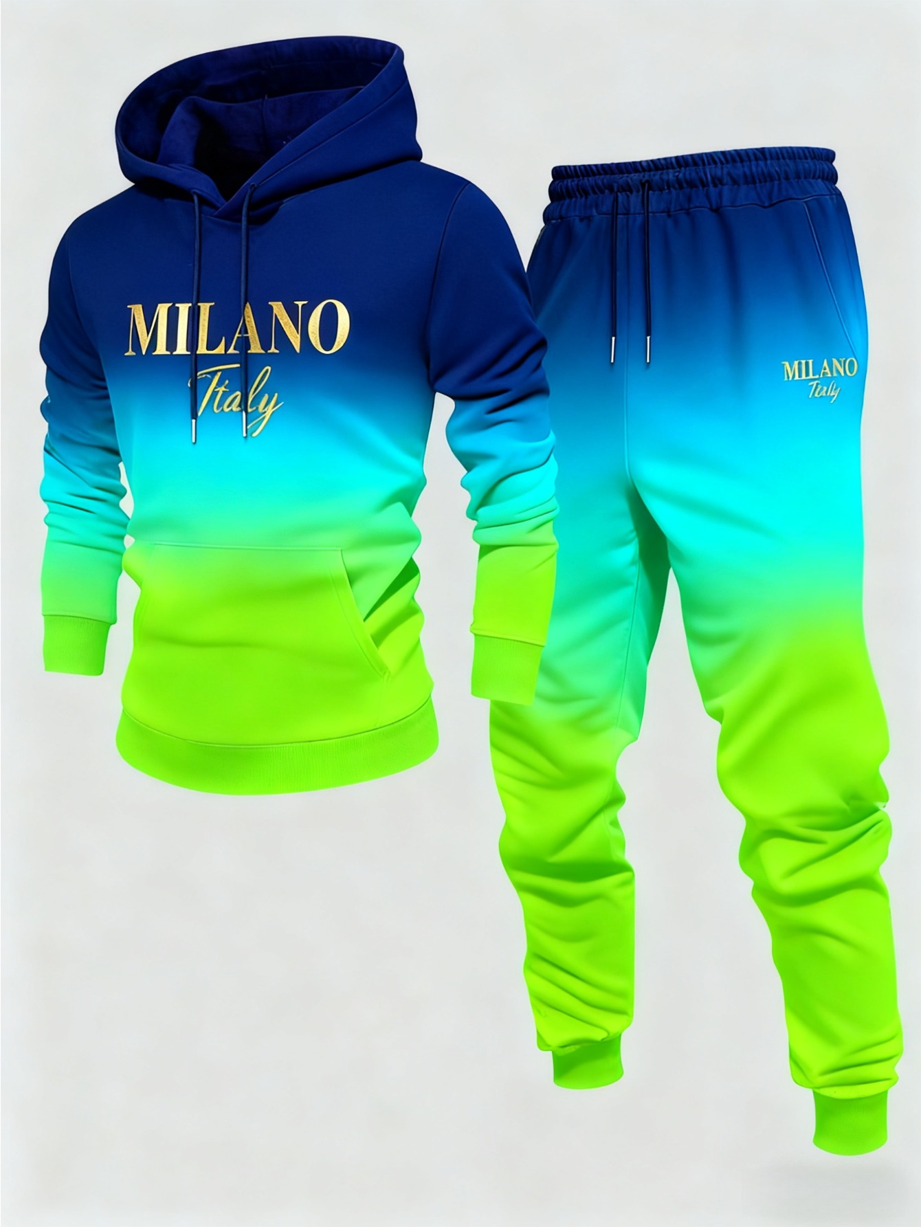 Conjunto de dos piezas casual Blue & Green Gradient Color Matching estampado sudadera con capuchas de manga larga sudaderas & Sweatpantalón para hombre
