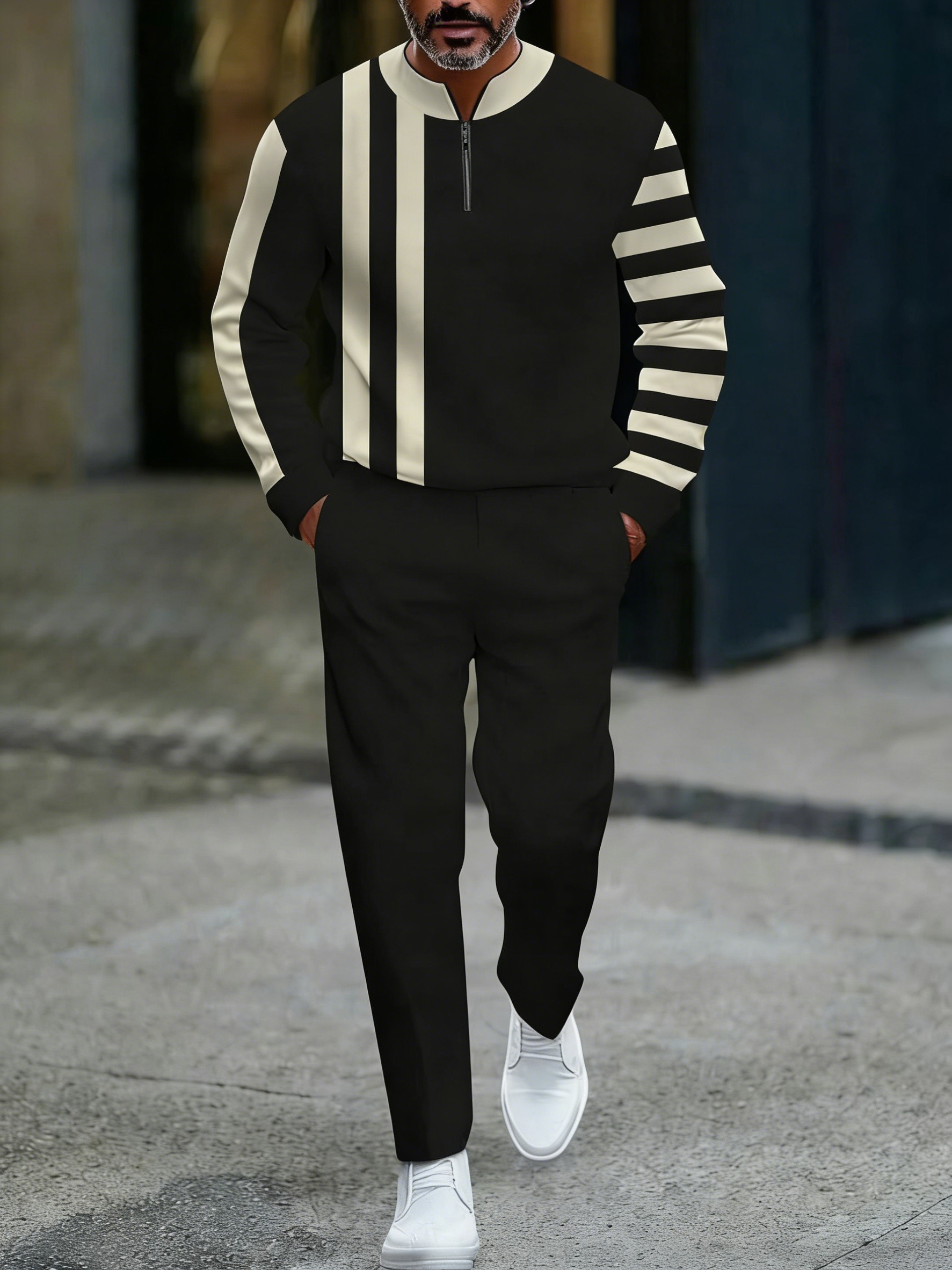 Conjunto de dos piezas casual Apricot & Black Color Matching a rayas estampado Round-Neck cierre de manga larga Tops & Trousers para hombre