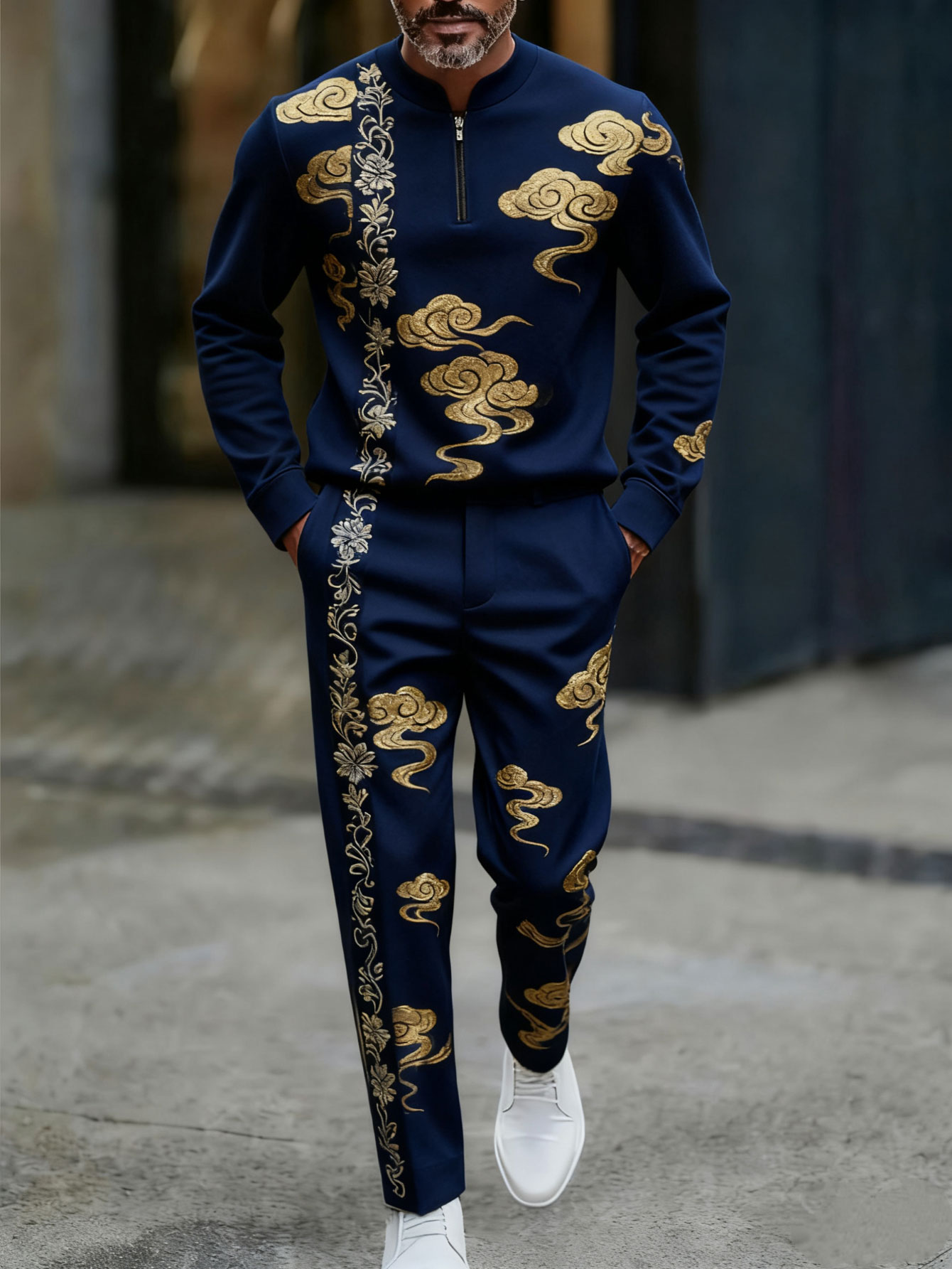 Conjunto de dos piezas casual Color Matching estampado Round-Neck Zipper de manga larga Trousers para hombre